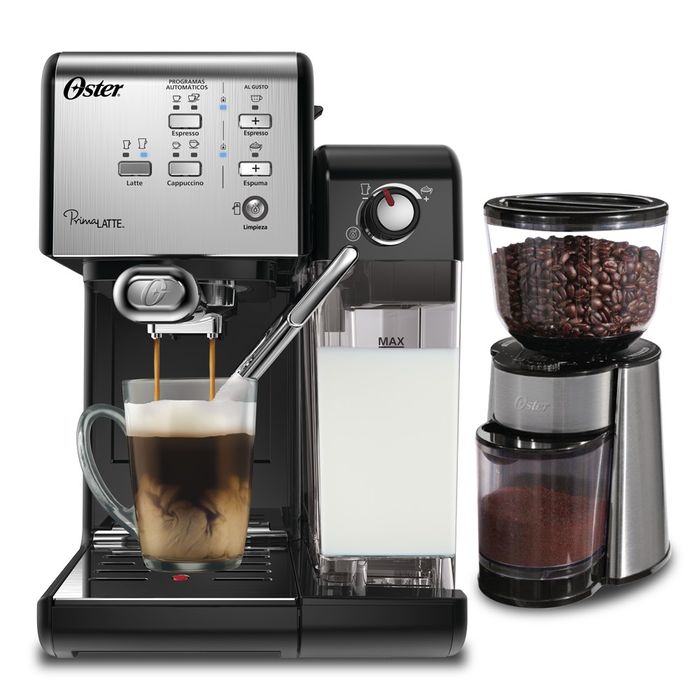 Cafetera automática PrimaLatte™ Oster® 19 bares BVSTEM6701SS y Molinillo de  café Oster® BVSTBMH23 - osterpe