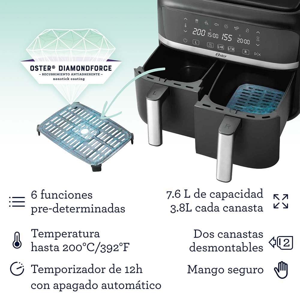 Freidora De Aire Dual Oster® De 7.6L Con Recubrimiento DiamondForce ...