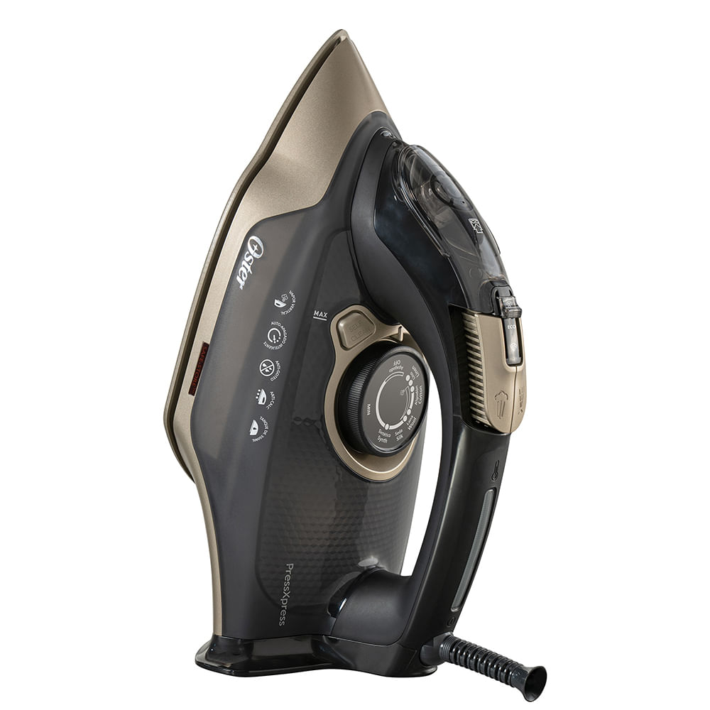 Oster® Plancha de Vapor Pressxpress, con Suela de Cerámica con Partículas de Diamante, 1700 W de Potencia, Negra y Dorada