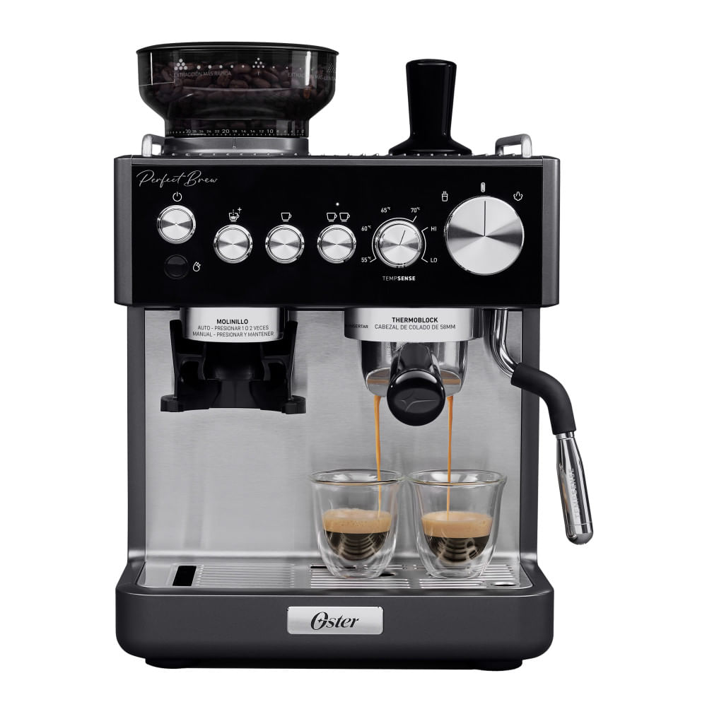 Oster Cafetera Perfect Brew, de Espresso, con Molinillo de Muelas, Tubo de Vapor Tempsense, Porta filtro de 58 mm, Accesorios Incluidos, BVSTEM7301
